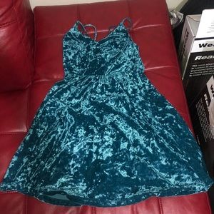 Teal Crushed velvet dress with X straps